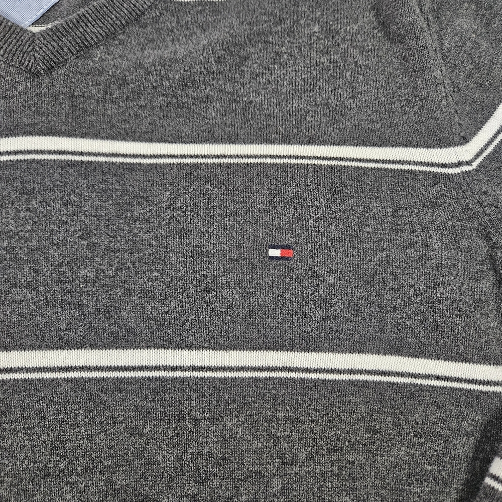 Tommy Hilfiger Men's Gray Cotton V Neck Striped Sweater Long Sleeve Size Large - Picture 11 of 15